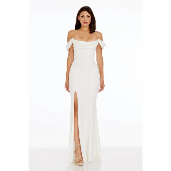 DRESS THE POPULATION Melania Off the Shoulder Gown in White Size Medium - Picture 1 of 10